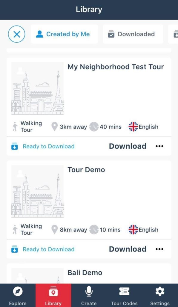 A screenshot to show where your test tour will be available for download in the Created by Me folder in the Library of the app