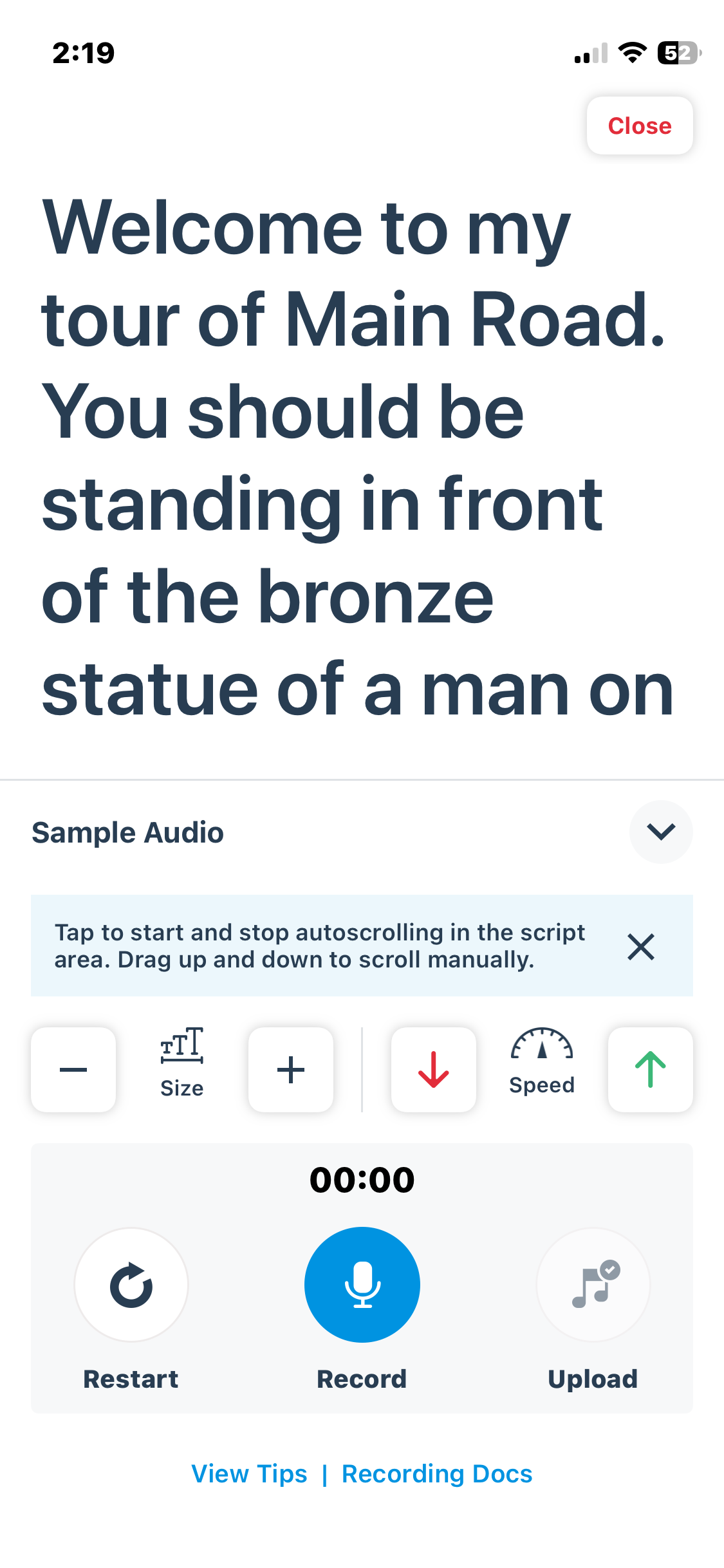An example of the recorder screen, with the script at the top and recording features at the bottom
