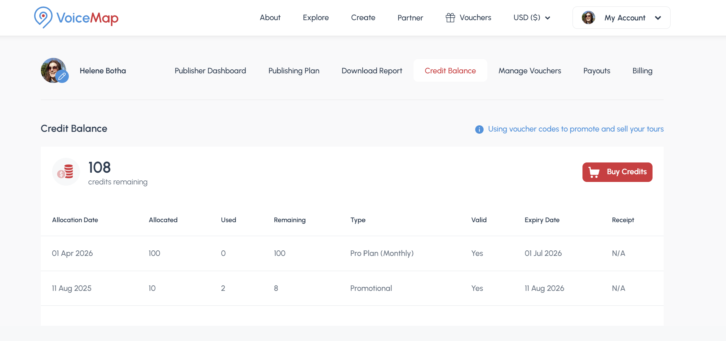A screenshot with two voucher credit allocations: 10 Promotional credits received on sign up and another 100 allocated as part of the Monthly Pro Plan.